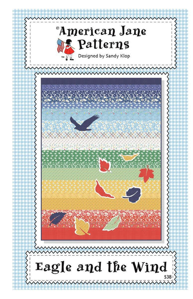 Image of the Eagle and the Wind quilt pattern by American Jane for Riley Blake Designs. Features birds and leaves on a striped rainbow background. 
Cute Little Fabric Shop