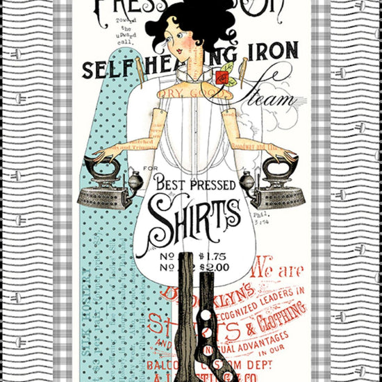 Image of the Press On Panel quilt kit by J. Wecker Frisch by Riley Blake Designs. Features a girl holding irons with a black and white border. 
Cute Little Fabric Shop