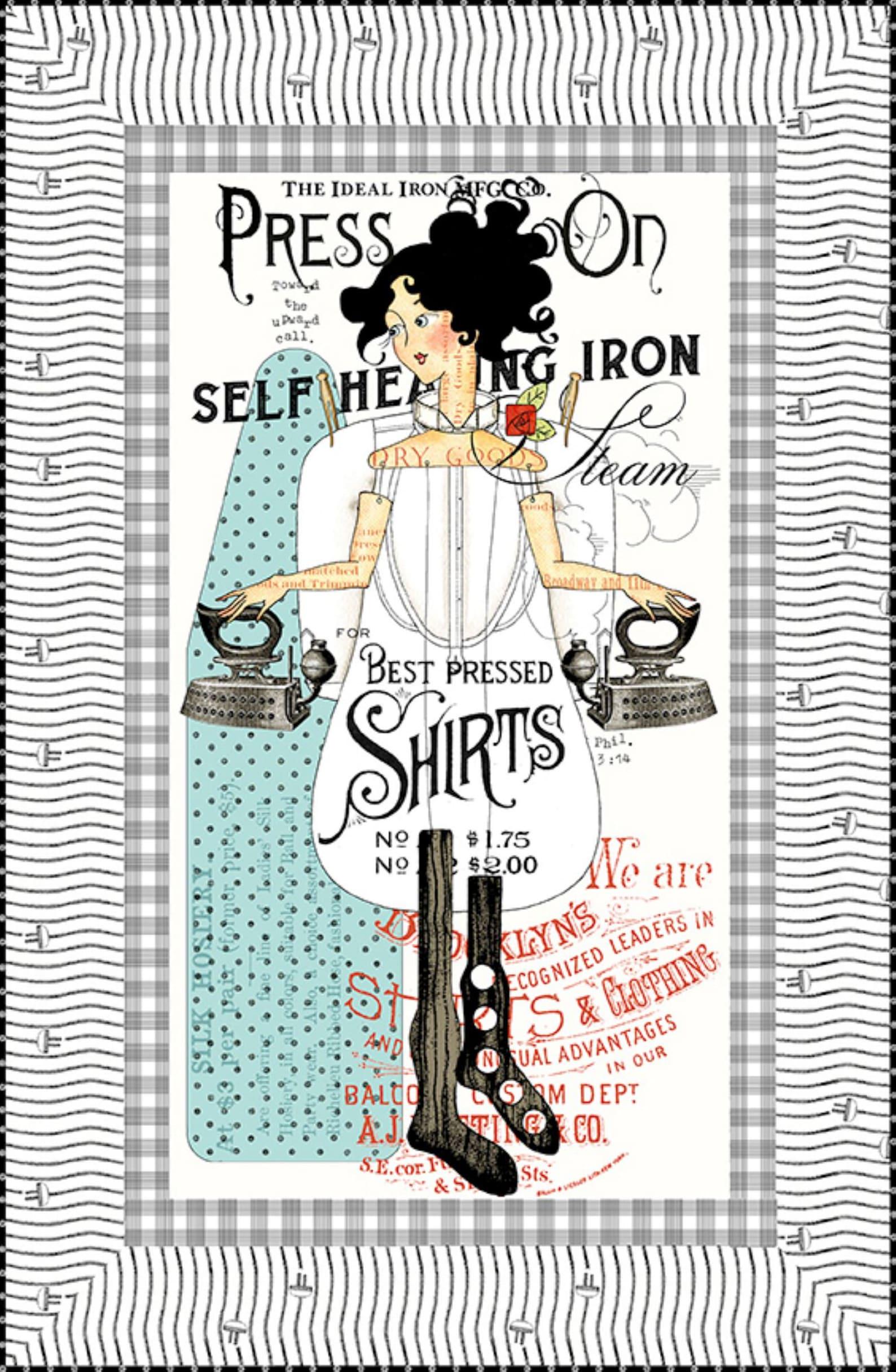 Image of the Press On Panel quilt kit by J. Wecker Frisch by Riley Blake Designs. Features a girl holding irons with a black and white border. 
Cute Little Fabric Shop