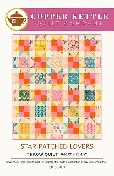 Image of the Star-Patched Lovers quilt pattern by Copper Kettle Quilt Company. Features overlapping squares with pink, orange, cream, and teal fabrics. 
Cute Little Fabric Shop