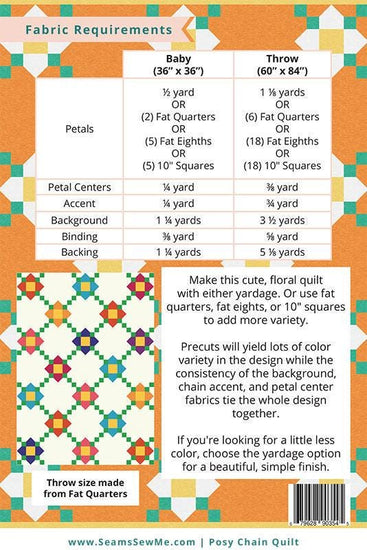 Image of the Posy Chain quilt by Seams Sew Me by Moda Fabrics. Features the fabric requirements to construct the quilt.
Cute Little Fabric Shop