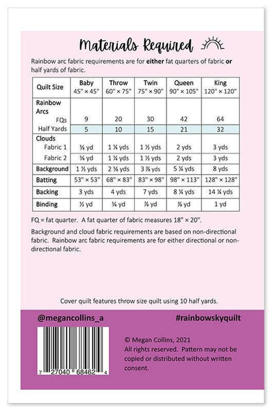 Image of the Rainbow Sky quilt pattern by Megan Collins Quilt Design for Moda Fabrics. Features the fabric requirements. 
Cute Little Fabric Shop