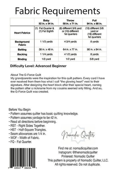 Image of the G-Force Quilt pattern by Nomadic Quilter for Moda Fabrics. Features the fabric requirements for the quilt.  
Cute Little Fabric Shop