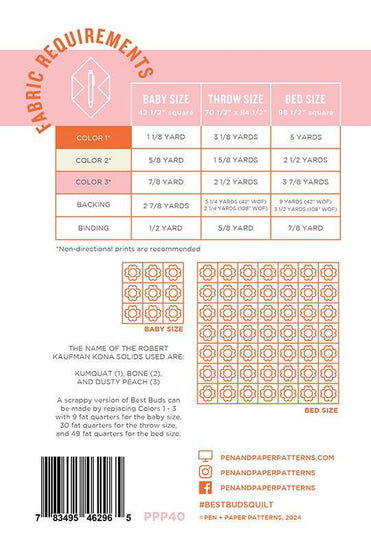Image of the Best Buds quilt pattern by Pen and Paper Patterns forModa Fabrics. Features the fabric requirements for the fabric. 
Cute Little Fabric Shop