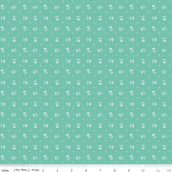 Image of the Prim Daisy Sea Glass quilting cotton fabric by Loti Holt for Riley Blake Designs. Features small flowers and lines on a light teal background. 
Cute Little Fabric Shop