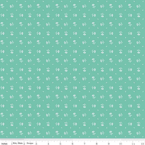 Image of the Prim Daisy Sea Glass quilting cotton fabric by Loti Holt for Riley Blake Designs. Features small flowers and lines on a light teal background. 
Cute Little Fabric Shop