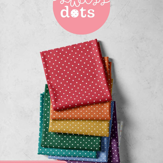 Image of the Swiss Dot 10" Stacker by Riley Blake Designs. Features the storyboard for dots on various backgrounds. 
Cute Little Fabric Shop