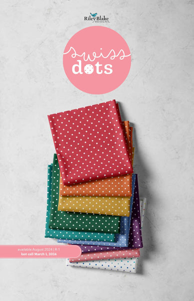 Image of the Swiss Dot 10&quot; Stacker by Riley Blake Designs. Features the storyboard for dots on various backgrounds. 
Cute Little Fabric Shop