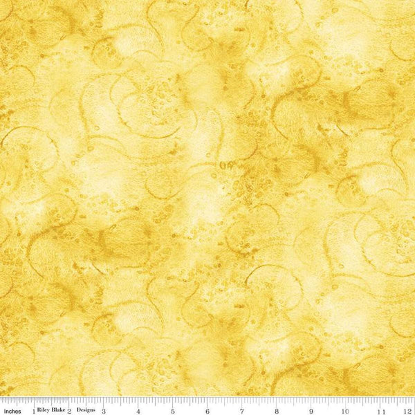 Image of the Painters Watercolor Swirl Yellow quilting cotton fabric by J. Wecker Frisch for Riley Blake Designs. Features an abstract swirl watercolor design in yellow. 
Cute Little Fabric Shop