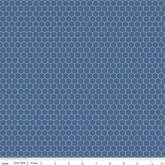 Image of the Farm Girl Vintage Companion Prints Honeycomb Denim quilting cotton fabric by Lori Holt for Riley Blake Designs. Features a honeycomb pattern on a dark blue background. 
Cute Little Fabric Shop