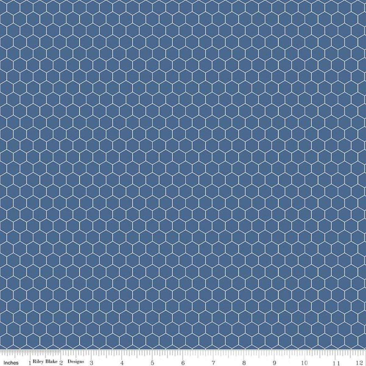 Image of the Farm Girl Vintage Companion Prints Honeycomb Denim quilting cotton fabric by Lori Holt for Riley Blake Designs. Features a honeycomb pattern on a dark blue background. 
Cute Little Fabric Shop