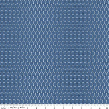 Image of the Farm Girl Vintage Companion Prints Honeycomb Denim quilting cotton fabric by Lori Holt for Riley Blake Designs. Features a honeycomb pattern on a dark blue background. 
Cute Little Fabric Shop