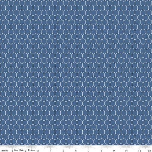 Image of the Farm Girl Vintage Companion Prints Honeycomb Denim quilting cotton fabric by Lori Holt for Riley Blake Designs. Features a honeycomb pattern on a dark blue background. 
Cute Little Fabric Shop