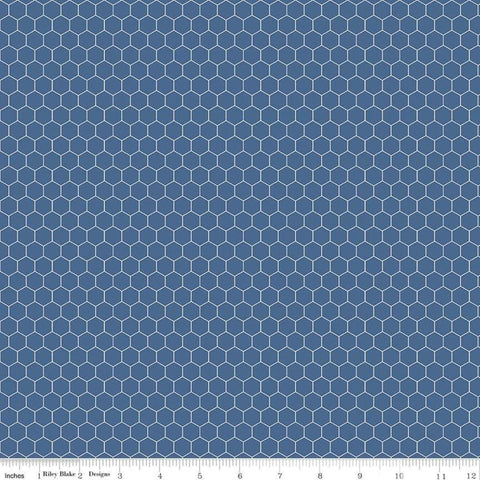 Image of the Farm Girl Vintage Companion Prints Honeycomb Denim quilting cotton fabric by Lori Holt for Riley Blake Designs. Features a honeycomb pattern on a dark blue background. 
Cute Little Fabric Shop