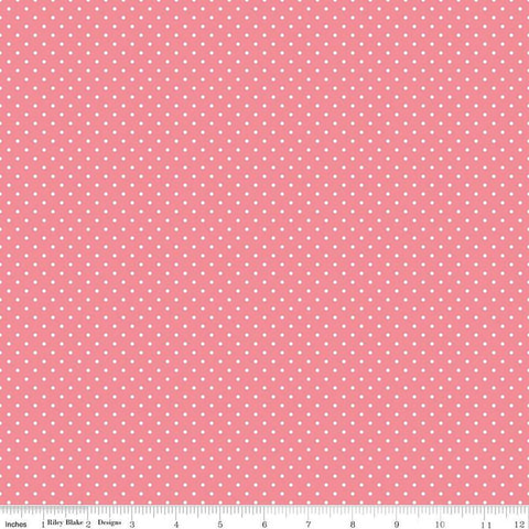 Image of the Swiss Dot Sugar Pink quilting cotton fabric by The RBD Designers for Riley Blake Designs. Features white dots on pink swiss dots. 
Cute Little Fabric Shop