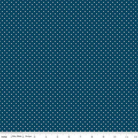 Image of the Swiss Dot Sweet Oxford Blue quilting cotton fabric by The RBD Designers for Riley Blake Designs. Features white dots on dark blue swiss dots. 
Cute Little Fabric Shop