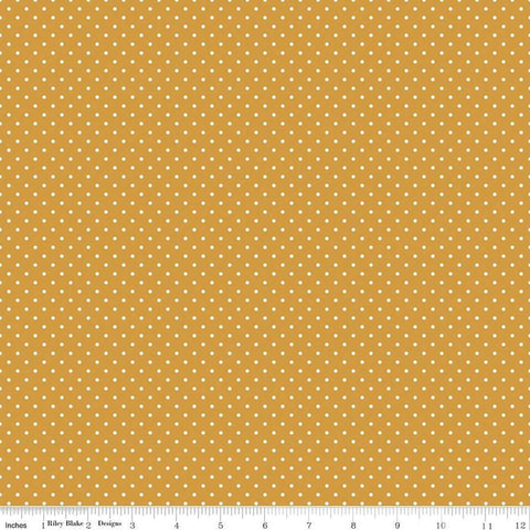 Image of the Swiss Dot Golden quilting cotton fabric by The RBD Designers for Riley Blake Designs. Features white dots on yellow gold swiss dots. 
Cute Little Fabric Shop