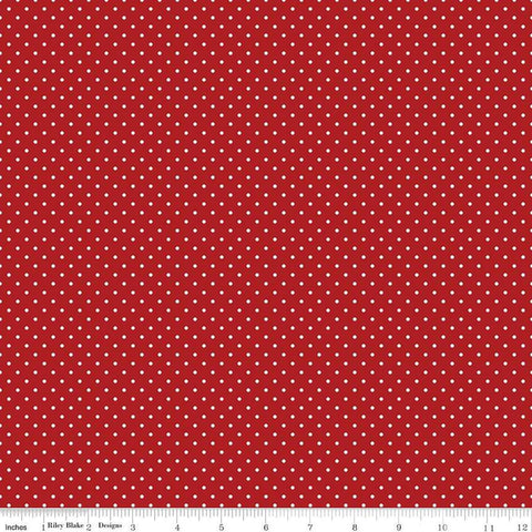 Image of the Swiss Dot Barn Red quilting cotton fabric by The RBD Designers for Riley Blake Designs. Features white dots on red swiss dots. 
Cute Little Fabric Shop