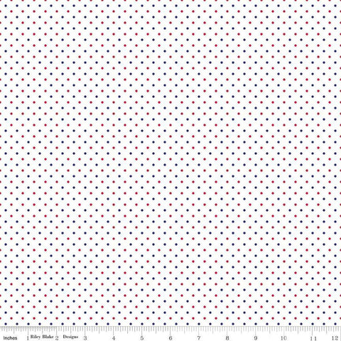 Image of the Swiss Dot on White Patriotic quilting cotton fabric by Riley Blake Designs. Features blue and red colored dots on a white background. 
Cute Little Fabric Shop