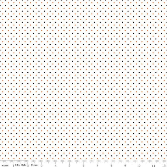Image of the Swiss Dot on White Halloween quilting cotton fabric by Riley Blake Designs. Features black and orange colored dots on a white background. 
Cute Little Fabric Shop