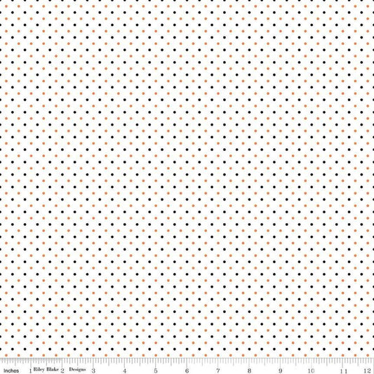 Image of the Swiss Dot on White Halloween quilting cotton fabric by Riley Blake Designs. Features black and orange colored dots on a white background. 
Cute Little Fabric Shop