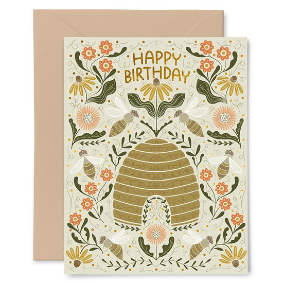 Image of the Birthday Card Beehive by Gingiber for Moda Fabrics. Features a 4.25" x 5.5" card, blank inside, hand illustrated pattern of a beehive. 
Cute Little Fabric Shop