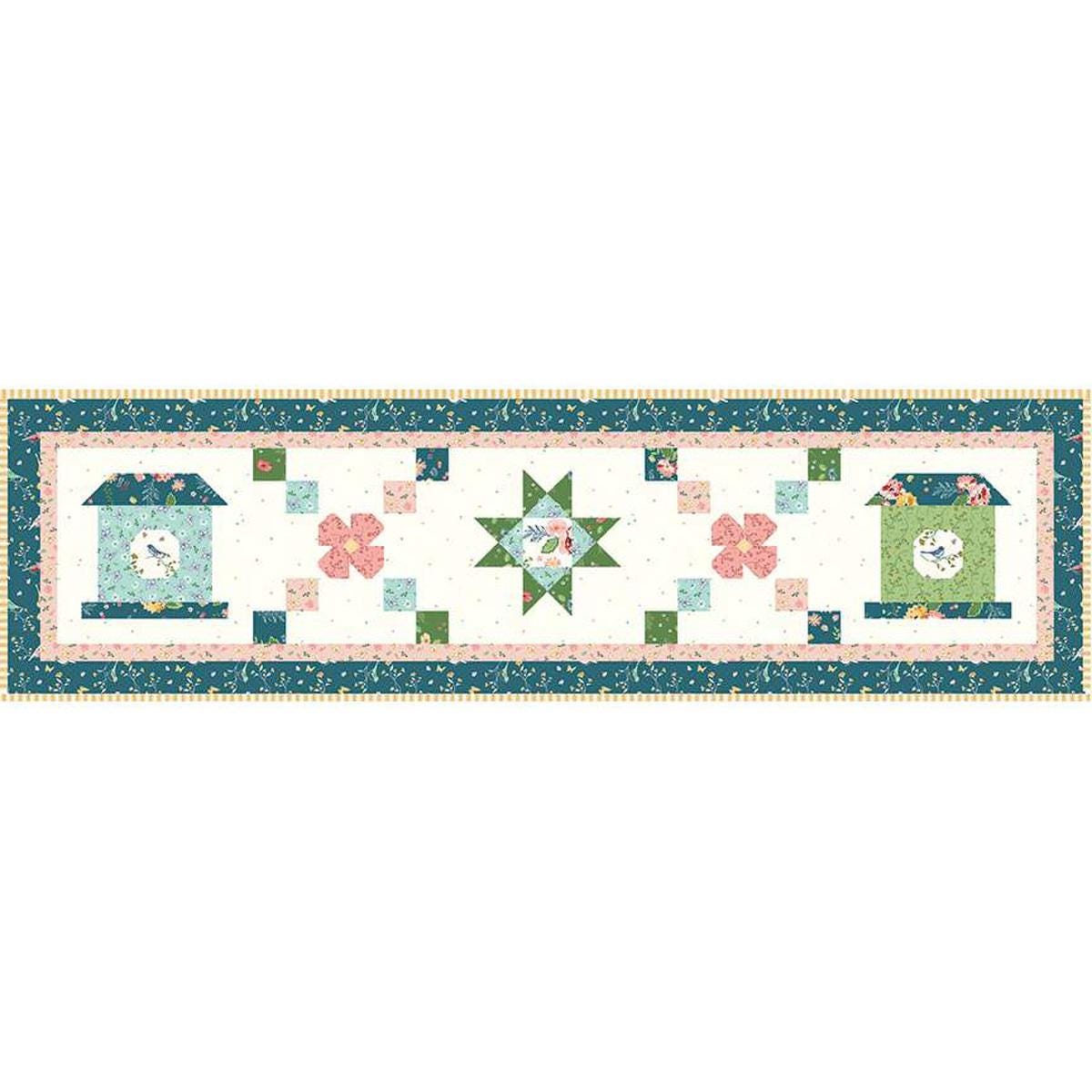 Image of the Melody Lane Quilt and Runner quilt pattern by Beverly McCullough for Riley Blake Designs. Features birdhouses, flowers, and rows of squares on white. 
Cute Little Fabric Shop