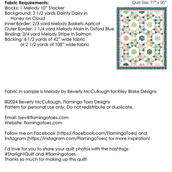 Image of the Starlight quilt pattern by Beverly McCullough for Riley Blake Designs. Features the fabric requirements to complete the quilt.  
Cute Little Fabric Shop