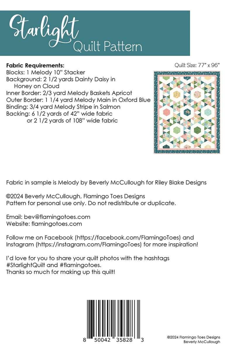 Image of the Starlight quilt pattern by Beverly McCullough for Riley Blake Designs. Features the fabric requirements to complete the quilt.  
Cute Little Fabric Shop