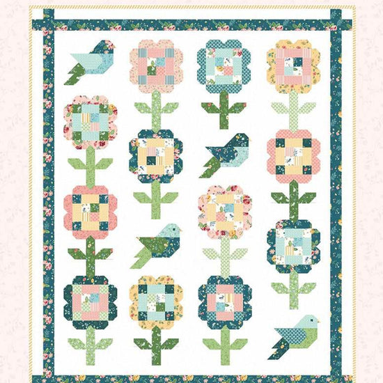 Image of the Songsparrow quilt pattern by Beverly McCullough for Riley Blake Designs. Features flowers and birds on a white background. 
Cute Little Fabric Shop