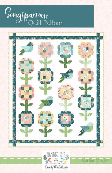 Image of the Songsparrow quilt pattern by Beverly McCullough for Riley Blake Designs. Features flowers and birds on a white background. 
Cute Little Fabric Shop