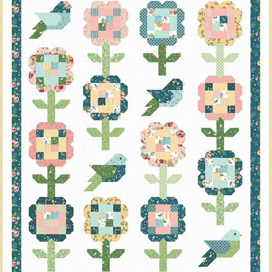 Image of the Songsparrow quilt pattern by Beverly McCullough for Riley Blake Designs. Features flowers and birds on a white background. 
Cute Little Fabric Shop