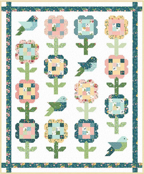 Image of the Songsparrow quilt pattern by Beverly McCullough for Riley Blake Designs. Features flowers and birds on a white background. 
Cute Little Fabric Shop