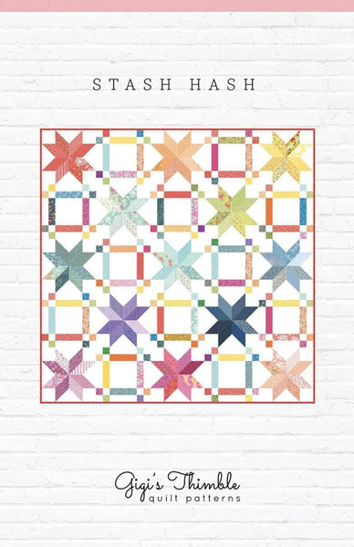 Image of the Stash Hash quilt pattern by Gigi Thimble for Riley Blake Designs. Features stars and lines on a quilt. 
Cute Little Fabric shop