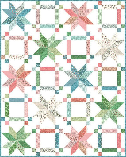 Image of the Stash Hash quilt pattern by Gigi Thimble for Riley Blake Designs. Features stars and lines on a quilt. 
Cute Little Fabric shop