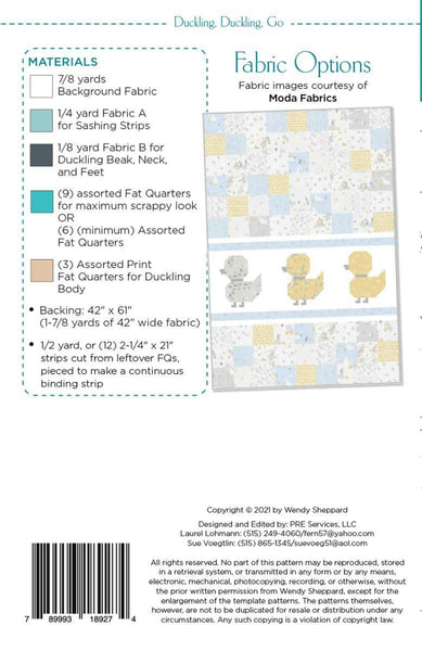 Image of the Duckling, Duckling, Go Quilt pattern by Wendy Sheppard for Riley Blake Designs. Features the fabric requirements. 
Cute Little Fabric Shop