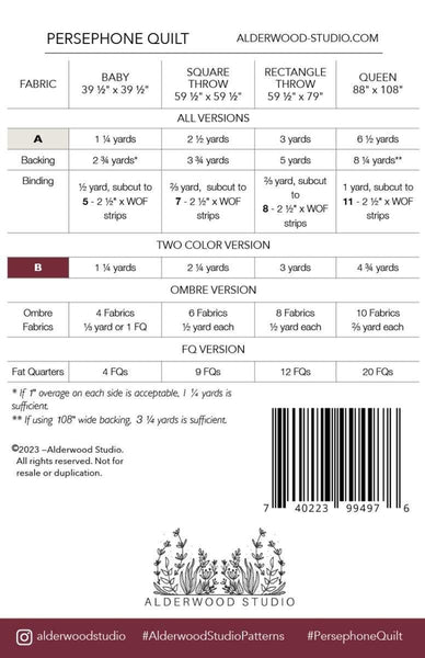 Image of the Persephone quilt pattern by Alderwood Studios for Riley Blake Designs. Features the fabric requirements for the quilt. 
Cute Little Fabric Shop