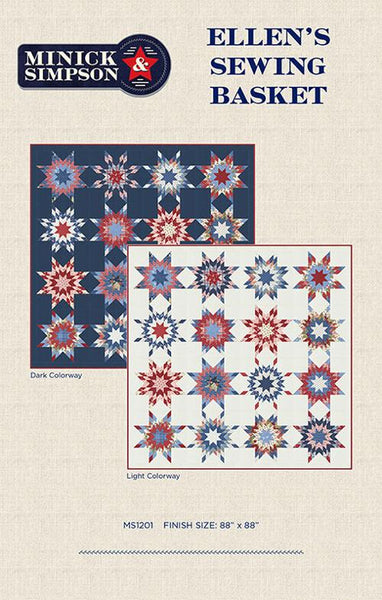 Image of the Ellens Sewing Basket quilt pattern by Minick & Simpson for Moda Fabrics. Features a quilt with a star pattern. 
Cute Little Fabric Shop