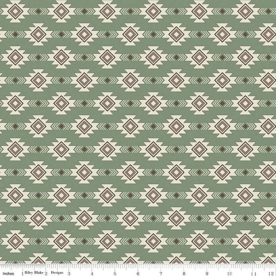 Image of the Lets Get Lost in the Woods Geometric Sage quilting cotton fabric by Tara Reed for Riley Blake Designs. Features a geometric striped design on a light green background. 
Cute Little Fabric Shop