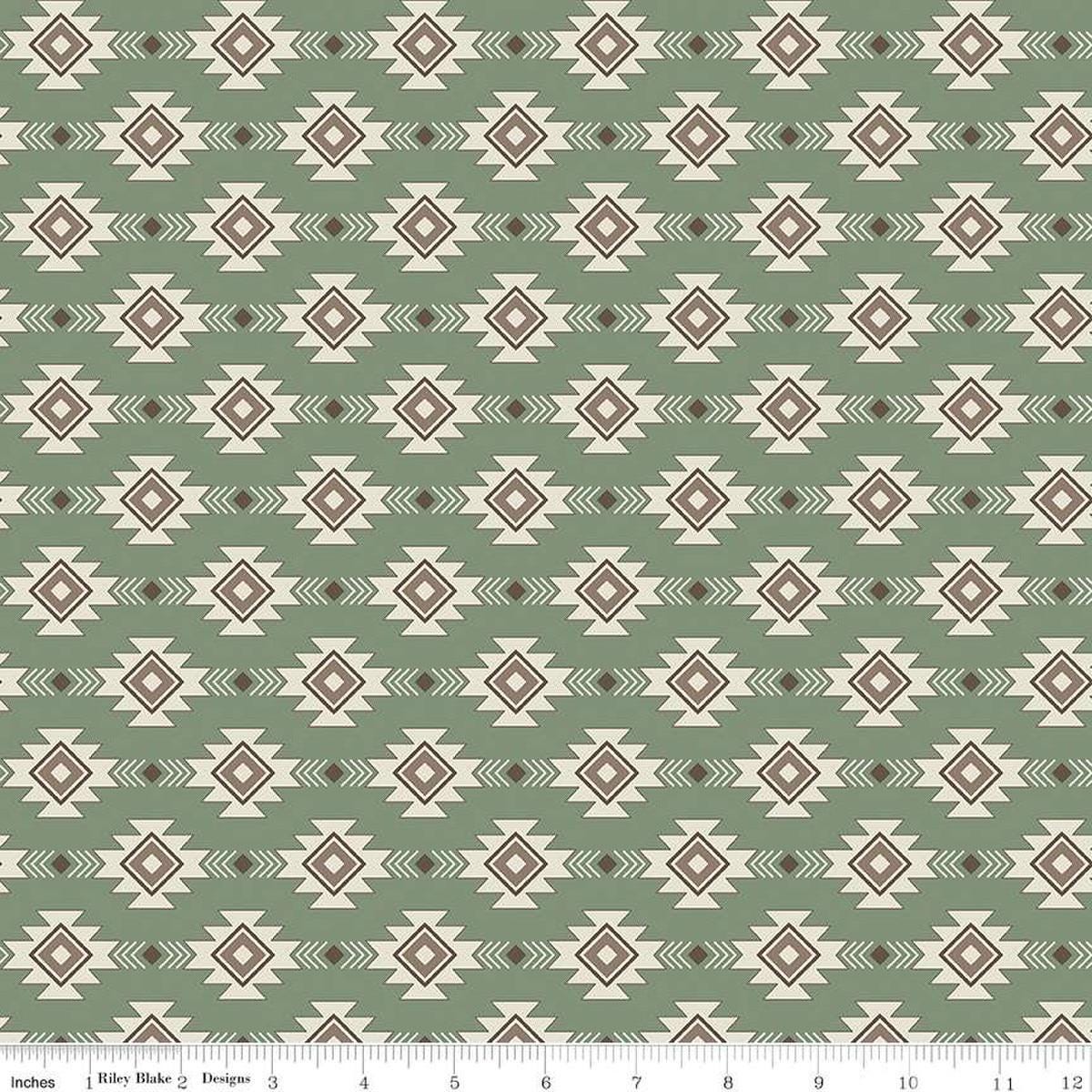 Image of the Lets Get Lost in the Woods Geometric Sage quilting cotton fabric by Tara Reed for Riley Blake Designs. Features a geometric striped design on a light green background. 
Cute Little Fabric Shop