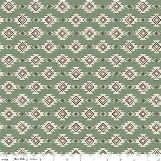 Image of the Lets Get Lost in the Woods Geometric Sage quilting cotton fabric by Tara Reed for Riley Blake Designs. Features a geometric striped design on a light green background. 
Cute Little Fabric Shop