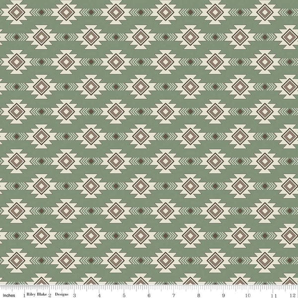 Image of the Lets Get Lost in the Woods Geometric Sage quilting cotton fabric by Tara Reed for Riley Blake Designs. Features a geometric striped design on a light green background. 
Cute Little Fabric Shop