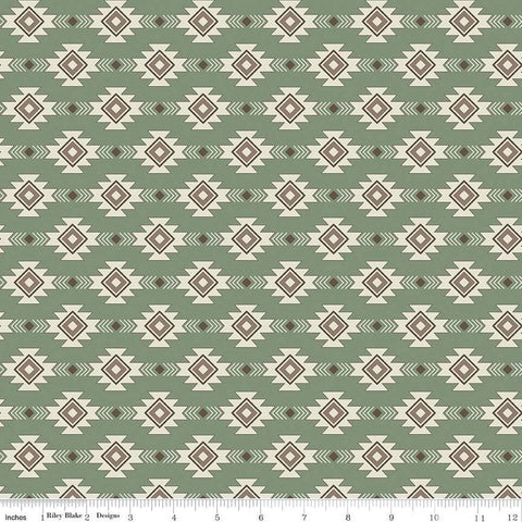 Image of the Lets Get Lost in the Woods Geometric Sage quilting cotton fabric by Tara Reed for Riley Blake Designs. Features a geometric striped design on a light green background. 
Cute Little Fabric Shop