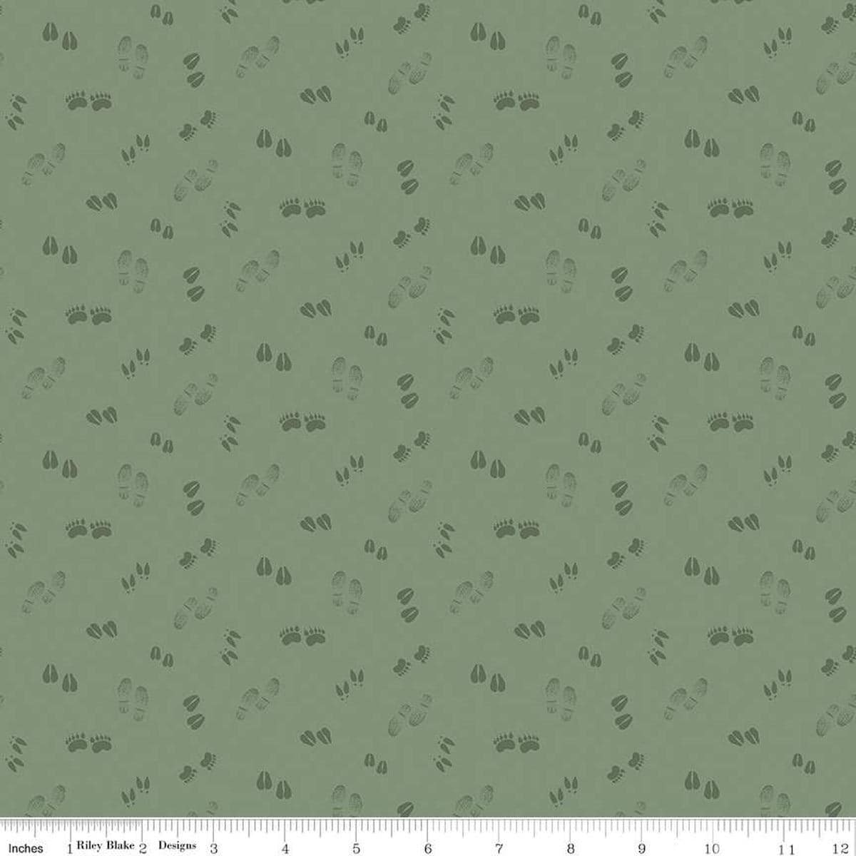Image of the Lets Get Lost in the Woods Tracks Sage quilting cotton fabric by Tara Reed for Riley Blake Designs. Features tone on tone animal tracks on a light green background. 
Cute Little Fabric Shop