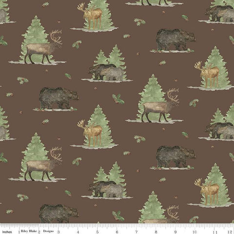 Image of the Lets Get Lost in the Woods Main Brown quilting cotton fabric by Tara Reed for Riley Blake Designs. Features  big game animals on a background with trees and oak leaves and acorns on a dark brown background. 
Cute Little Fabric Shop