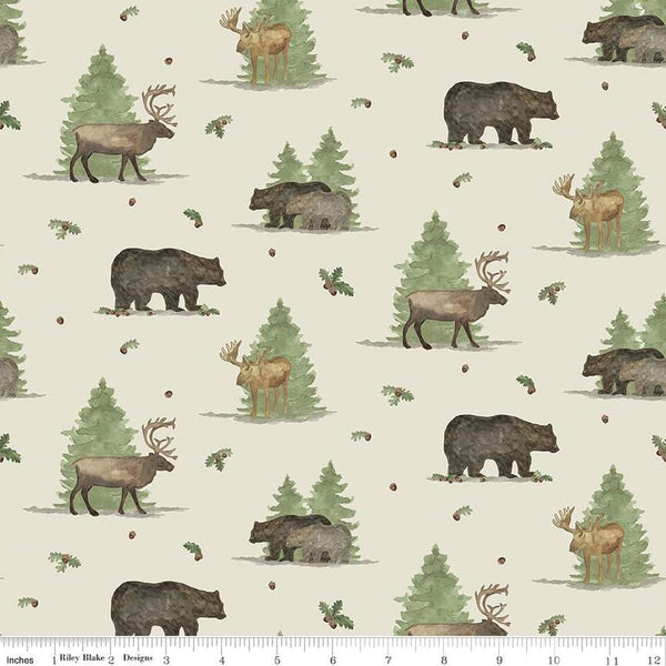 Image of the Lets Get Lost in the Woods Main Off White quilting cotton fabric by Tara Reed for Riley Blake Designs. Features  big game animals on a background with trees and oak leaves and acorns on a light cream background. 
Cute Little Fabric Shop