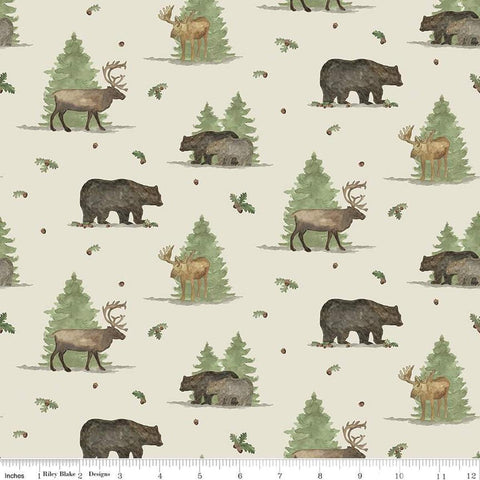 Image of the Lets Get Lost in the Woods Main Off White quilting cotton fabric by Tara Reed for Riley Blake Designs. Features  big game animals on a background with trees and oak leaves and acorns on a light cream background. 
Cute Little Fabric Shop