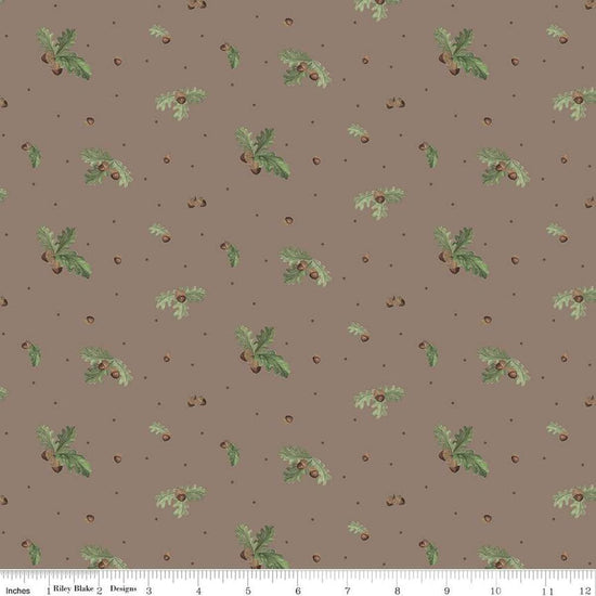 Image of the Lets Get Lost in the Woods Acorns and Leaves Brown quilting cotton fabric by Tara Reed for Riley Blake Designs. Features oak leaves and acorns on a medium brown background. 
Cute Little Fabric Shop