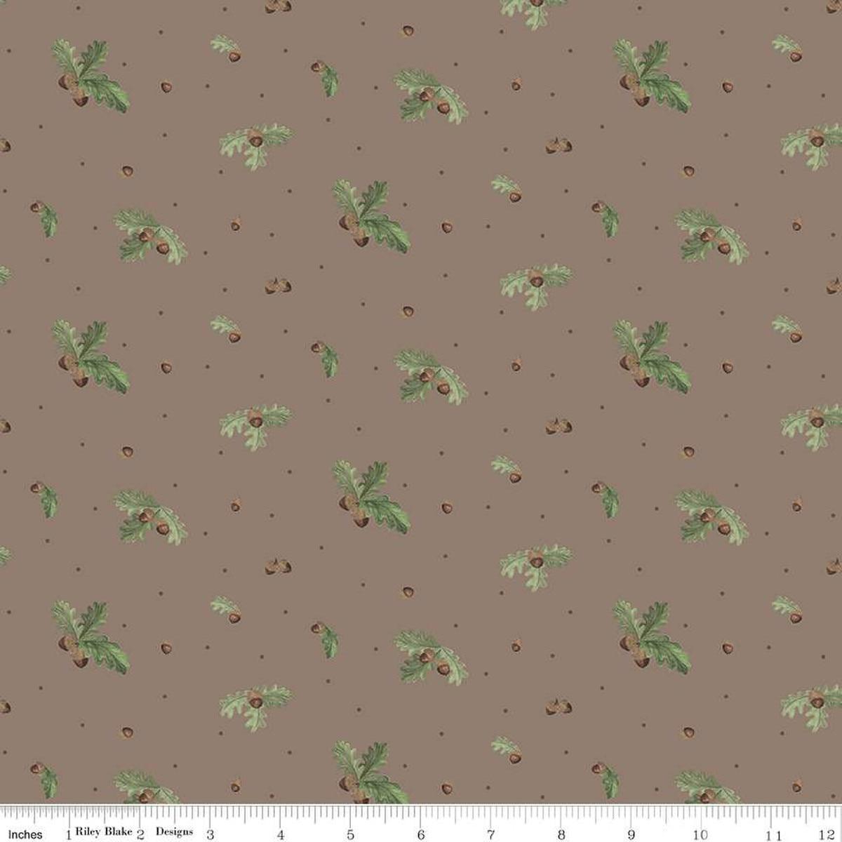 Image of the Lets Get Lost in the Woods Acorns and Leaves Brown quilting cotton fabric by Tara Reed for Riley Blake Designs. Features oak leaves and acorns on a medium brown background. 
Cute Little Fabric Shop