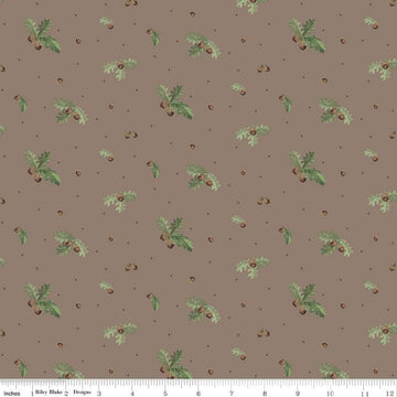 Image of the Lets Get Lost in the Woods Acorns and Leaves Brown quilting cotton fabric by Tara Reed for Riley Blake Designs. Features oak leaves and acorns on a medium brown background. 
Cute Little Fabric Shop